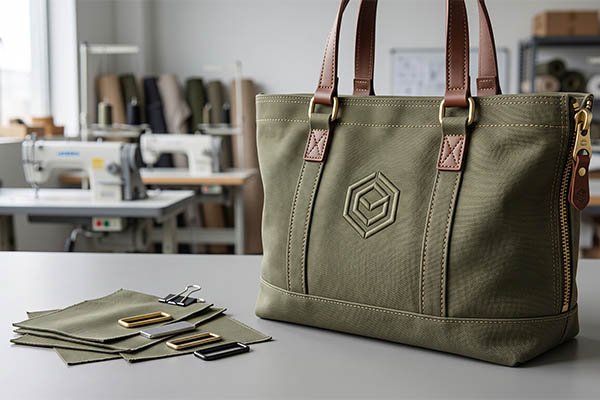 Custom bag sample testing with a green tote bag featuring a geometric logo, placed near metal buckles and hardware options.