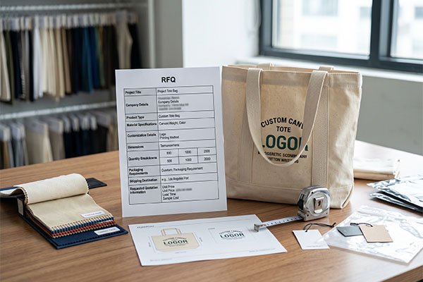 Custom canvas tote bag RFQ document next to a printed tote bag sample with a green logo, a measuring tape, fabric swatches, and a printed logo proof.
