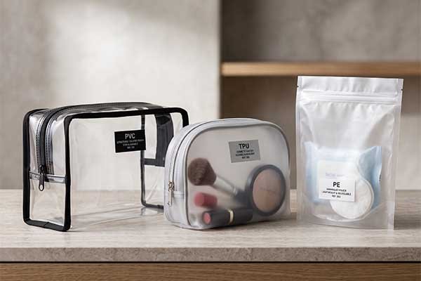 Wholesale custom clear packaging bags material comparison, featuring a structured PVC toiletry pouch, a flexible TPU cosmetic clutch, and a lightweight recyclable PE stand-up pouch.