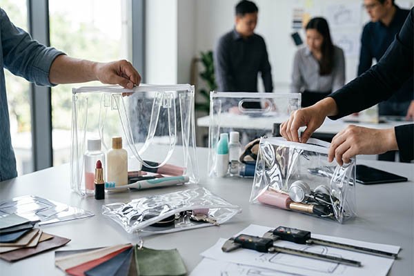Quality control personnel using calipers and daily items to test and inspect custom clear bag samples.