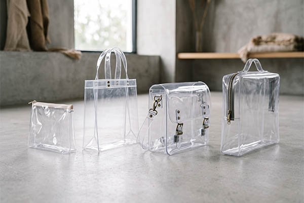 Custom clear bags in various styles displayed as a visual guide for thickness and material selection.