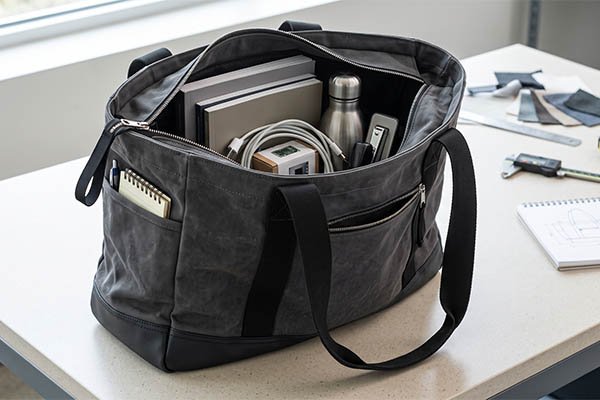 Filled custom bag sample demonstrating capacity, with a dark grey tote holding books, a water bottle, cables, and everyday items.