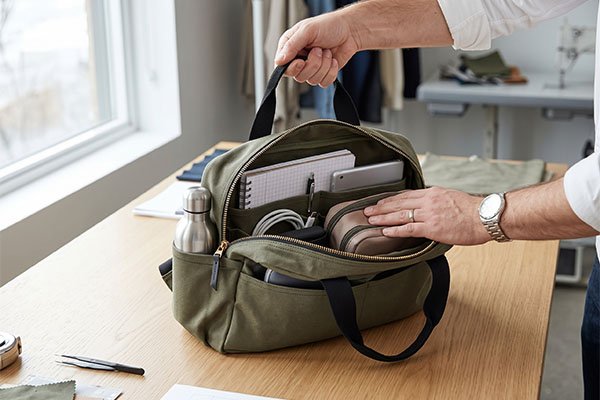 On a wooden work desk, a person's hands are organizing the neatly packed interior of an olive-green canvas custom multi-purpose bag, which holds a spiral notebook, tablet, water bottle, and other essentials.