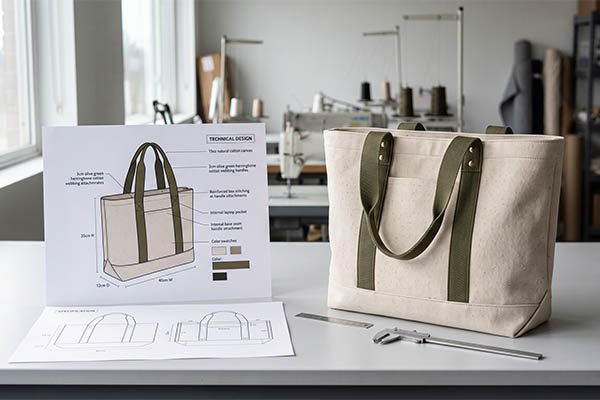 Physical custom canvas tote bag sample displayed next to detailed technical design drawings and dimension specifications.
