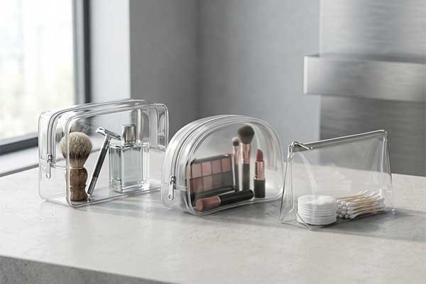 Transparent waterproof wash bags and travel pouches used for hotel amenities, men's shaving kits, and women's daily cosmetic storage.