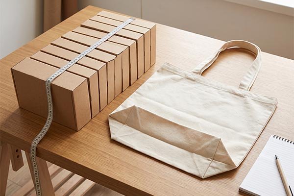 Measuring tape stretched across stacked cardboard boxes next to a flat canvas tote bag to calculate required packaging depth.