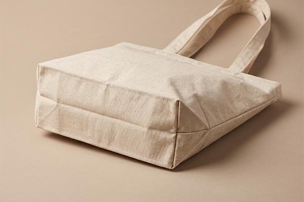 Close-up view of a custom canvas tote bag base showing the folded bottom gusset width and reinforced stitching details.