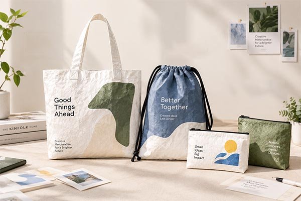 A visual guide to Tyvek bag styles, highlighting the features of a printed tote bag, a drawstring bag, and small pouches for creative merchandise.