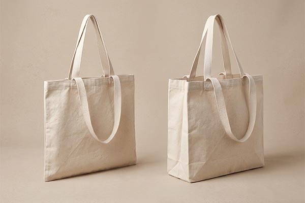 Side-by-side comparison of a flat custom canvas tote bag and a gusseted canvas tote bag displaying structural differences.