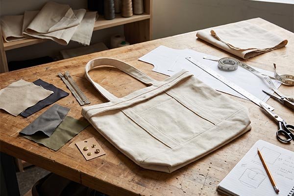 Custom tote bag sampling workbench with a natural canvas prototype, fabric swatches, zippers, and pattern drafts.
