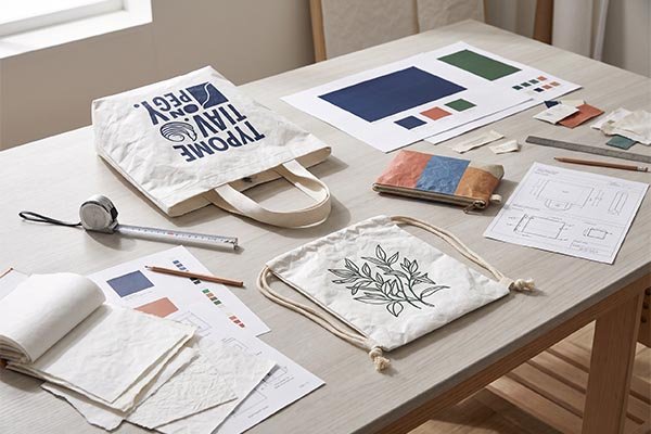 Custom Tyvek bags in the production planning phase, arranged on a desk alongside technical dimension blueprints, color swatches, and a tape measure.