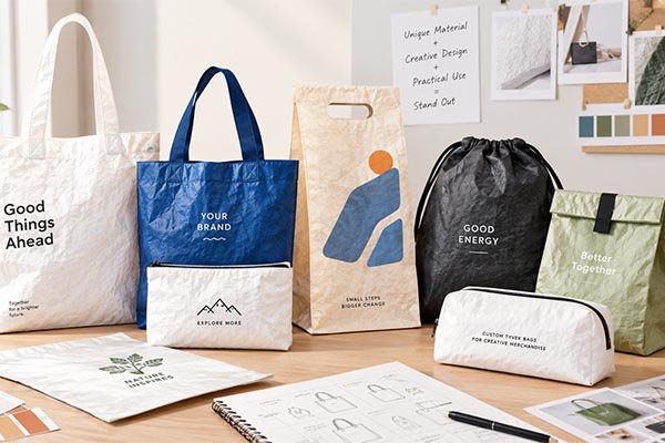 A collection of custom Tyvek merchandise bags, including printed totes, a drawstring bag, and zipper pouches, displayed on a workspace with design sketches.