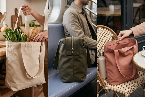 Canvas tote bags with different closures used in daily scenarios like grocery shopping, commuting, and cafe leisure.