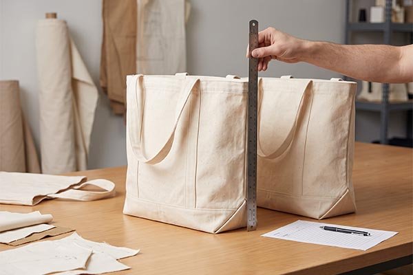 Quality control inspection measuring the exact height of a manufactured canvas tote bag sample using a vertical metal ruler.
