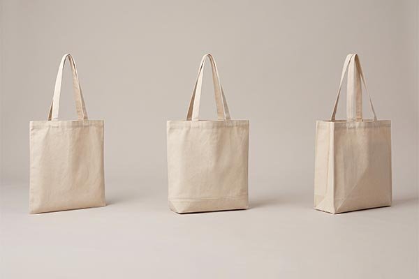 Three blank canvas tote bags standing upright to demonstrate flat, bottom gusset, and full side gusset structural designs.