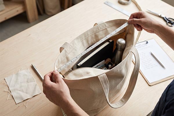 Measuring the top zipper opening of a custom canvas tote bag sample during the quality approval process.